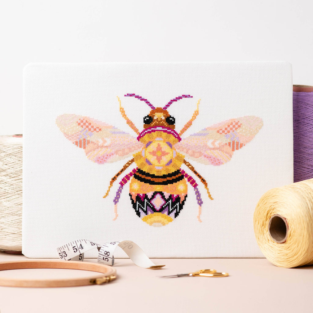 Mandala Bee counted cross stitch kit by Meloca Designs, stitched in pinks and yellows