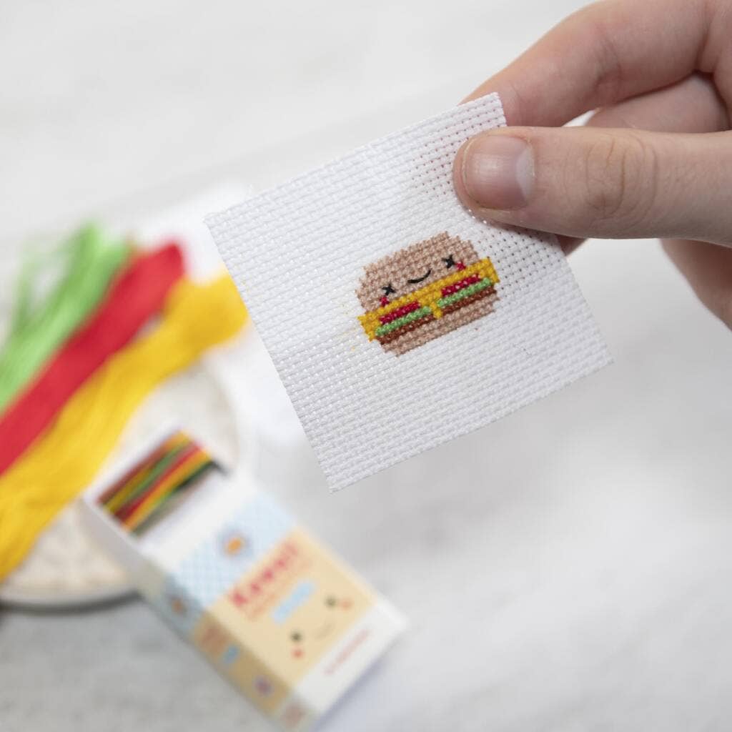 Kawaii burger cross stitch design on 14 count Aida