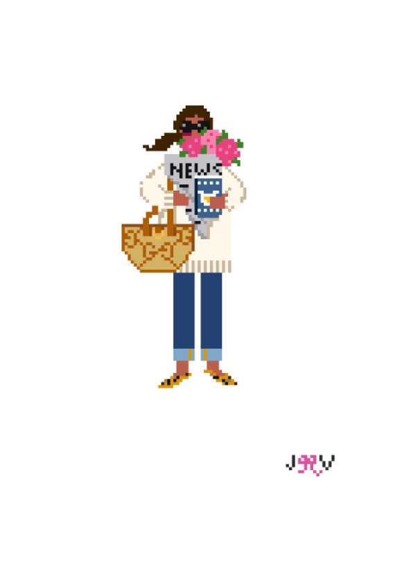 News & Flowers Girl needlepoint canvas by Jennifer Vallez with a deeper skin tone, 18 mesh Stitch Printed