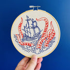 Finished Kraken and Ship embroidery in a 6 inch hoop