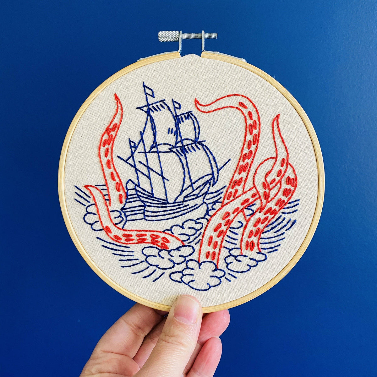 Finished Kraken and Ship embroidery in a 6 inch hoop