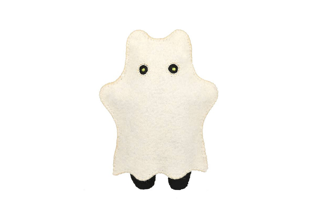 Ghost Cat felt doll kit by Kiriki Press, a black cat with a removable white felt sheet