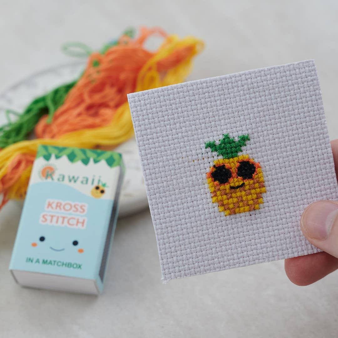 Kawaii pineapple cross stitch design on 14 count Aida