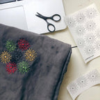 Stick the transfer over the hole, stitch the pattern, rinse the paper away