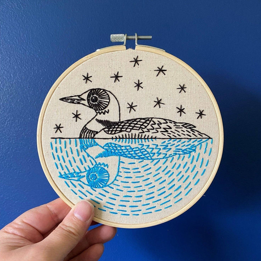 Finished Loon embroidery in a 6 inch hoop