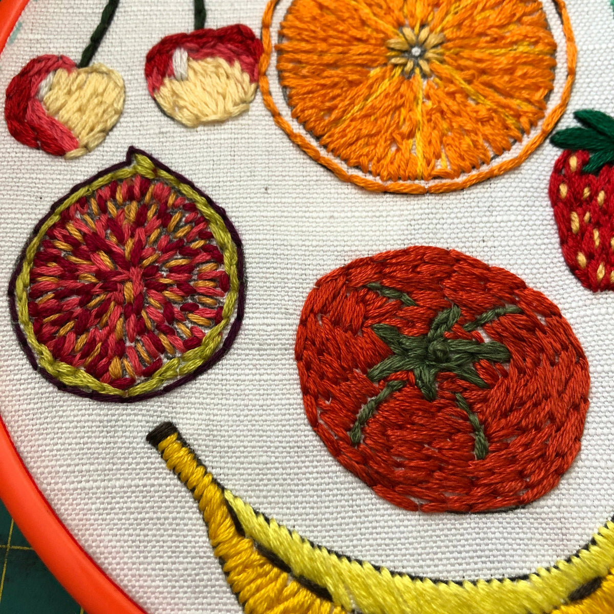 Wash away fruit and vegetable embroidery transfers designed by Wrenbird Arts