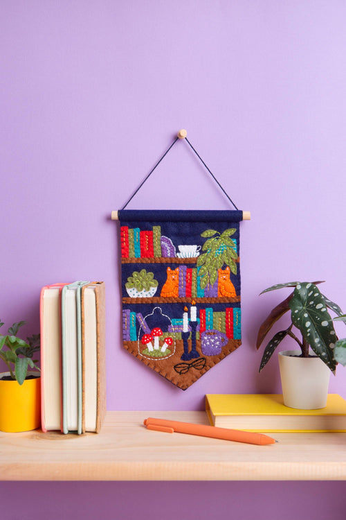 Book Lover felt pennant wall hanging stitched from wool felt
