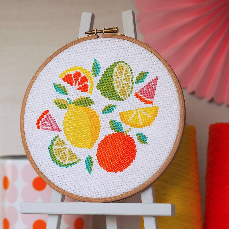 All the Zest citrus cross stitch design with lemon, lime, orange, grapefruit  on white aida