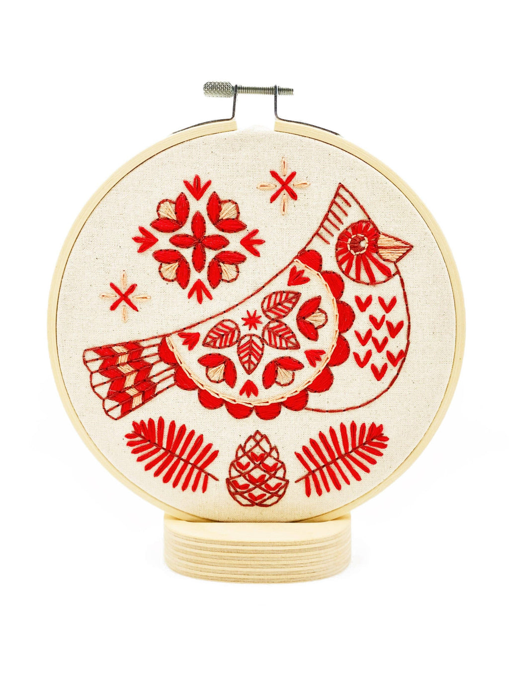 Cardinal embroidery kit contents including hoop, floss and needle