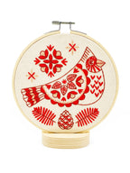 Cardinal embroidery kit contents including hoop, floss and needle