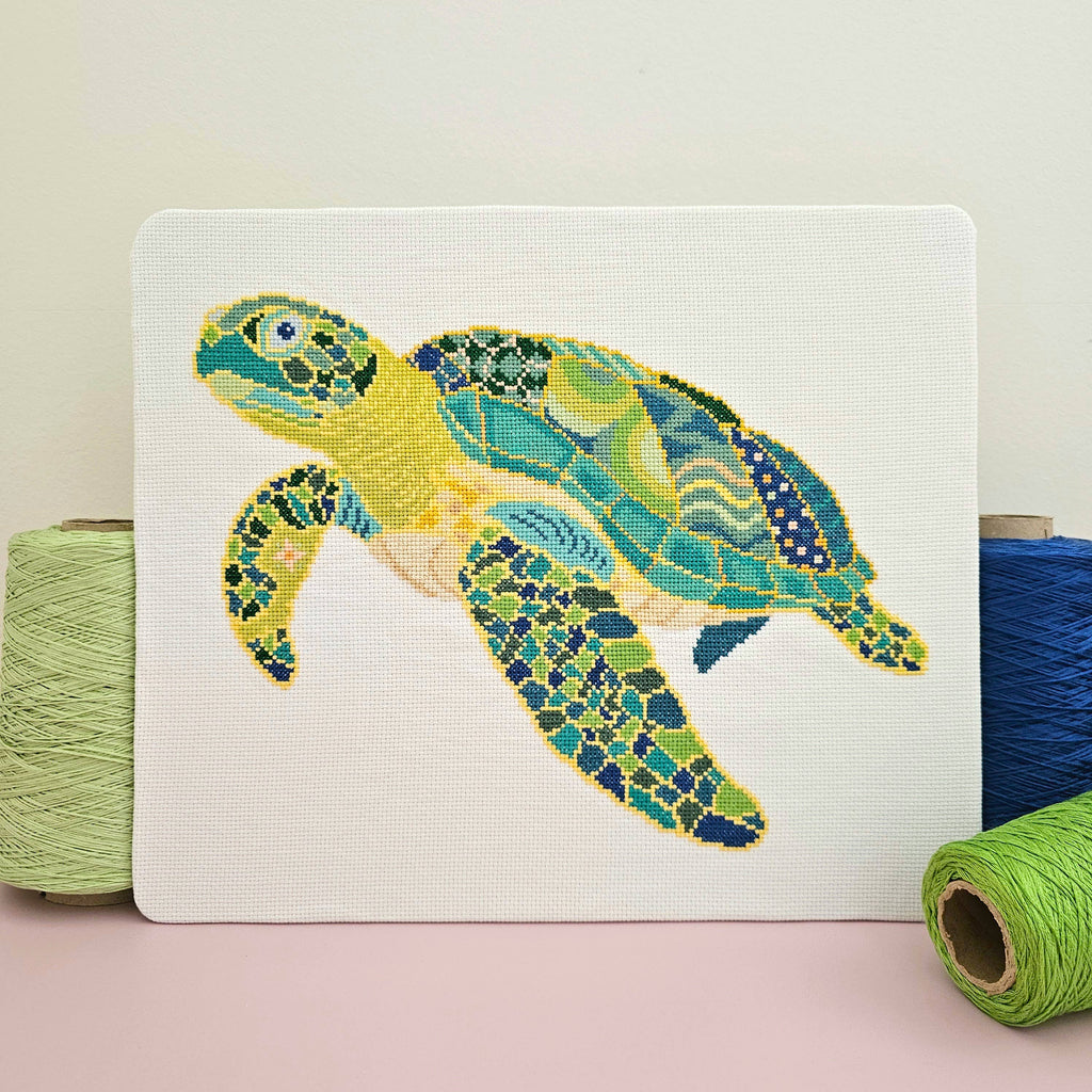 Mandala Sea Turtle cross stitch chart by Meloca Designs in bold sea colors