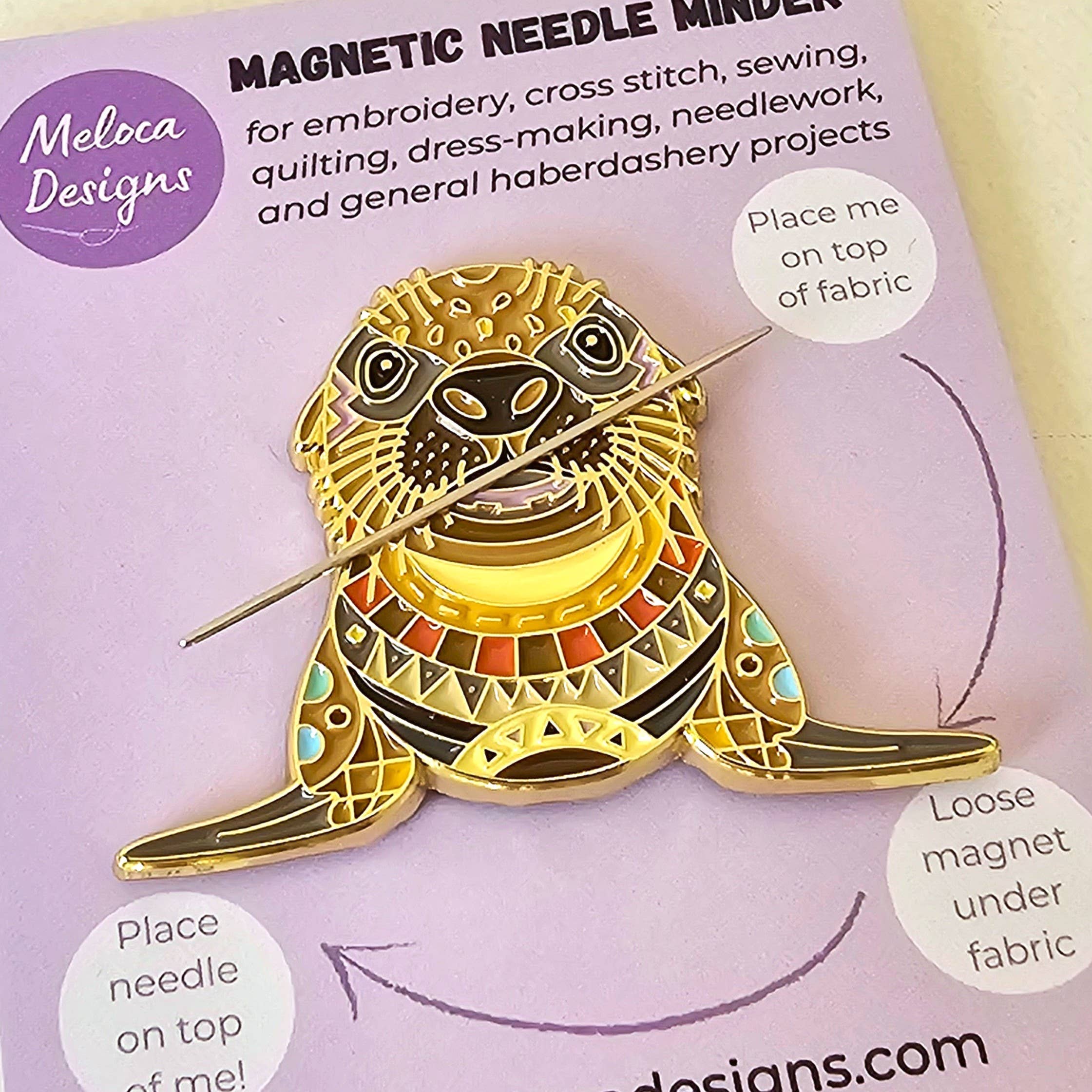 Mandala Sea Lion magnetic needle minder by Meloca Designs, playful sea lion artwork