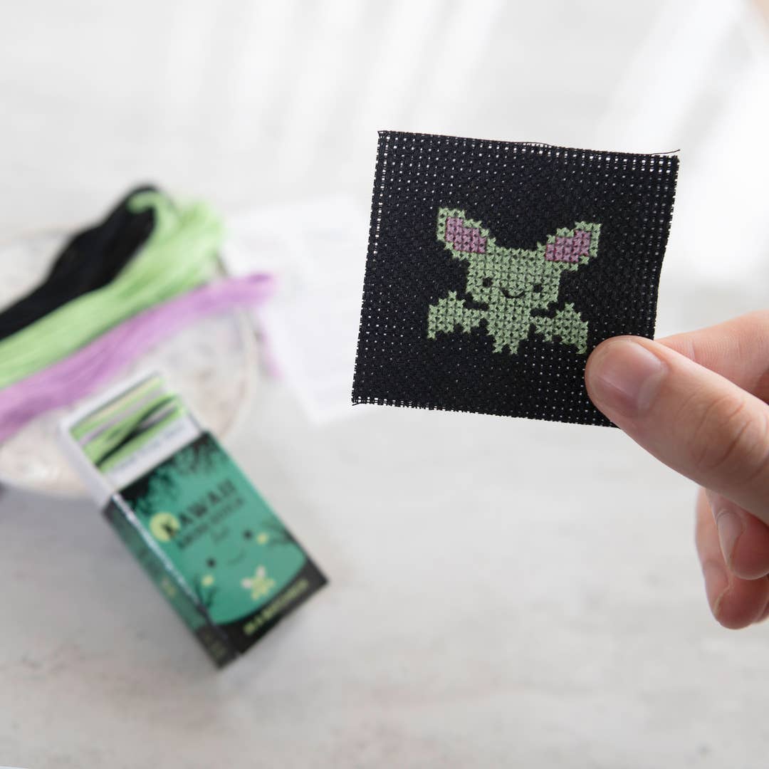 Kawaii Halloween bat cross stitch design on 14 count Aida