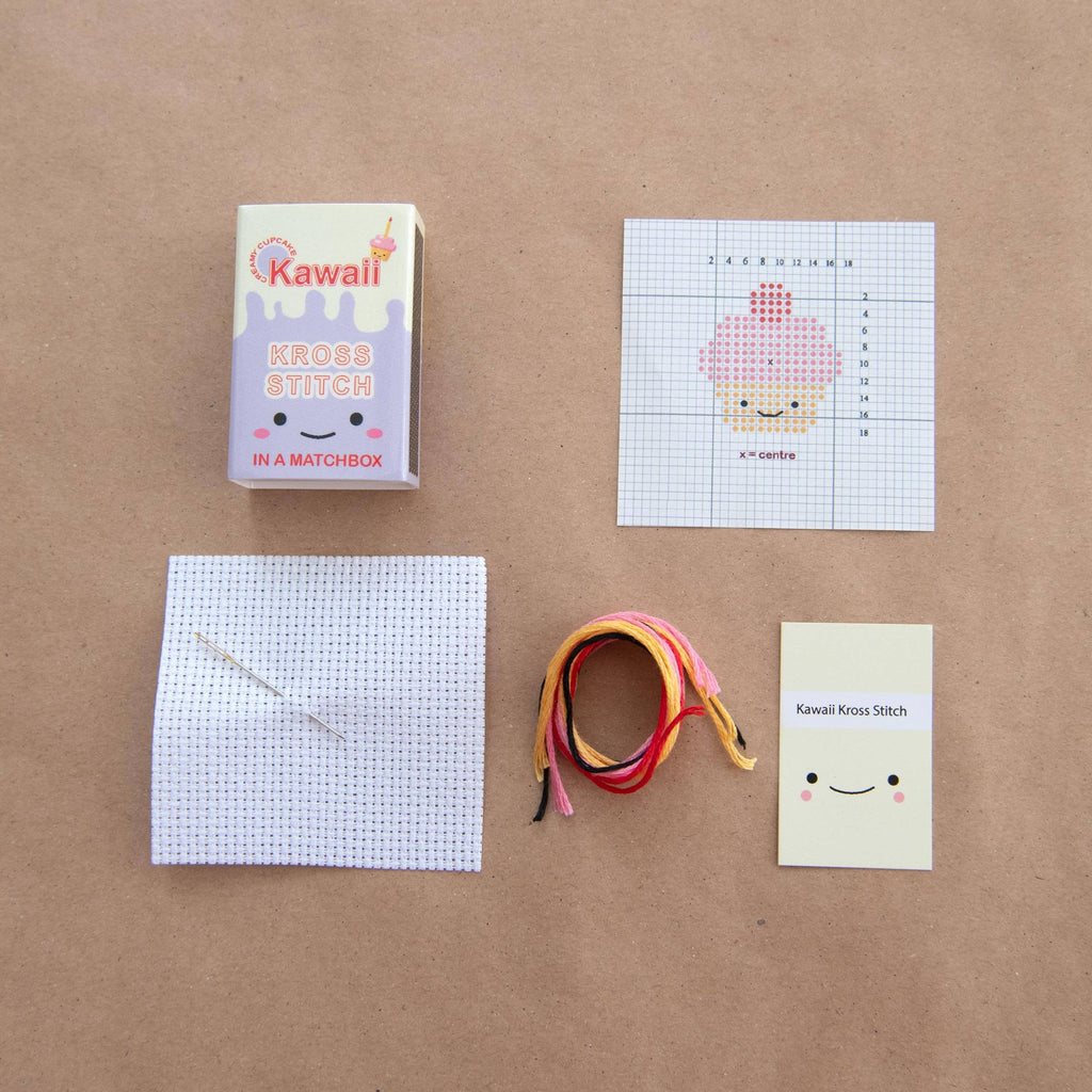Kawaii Cupcake cross stitch kit matchbox packaging