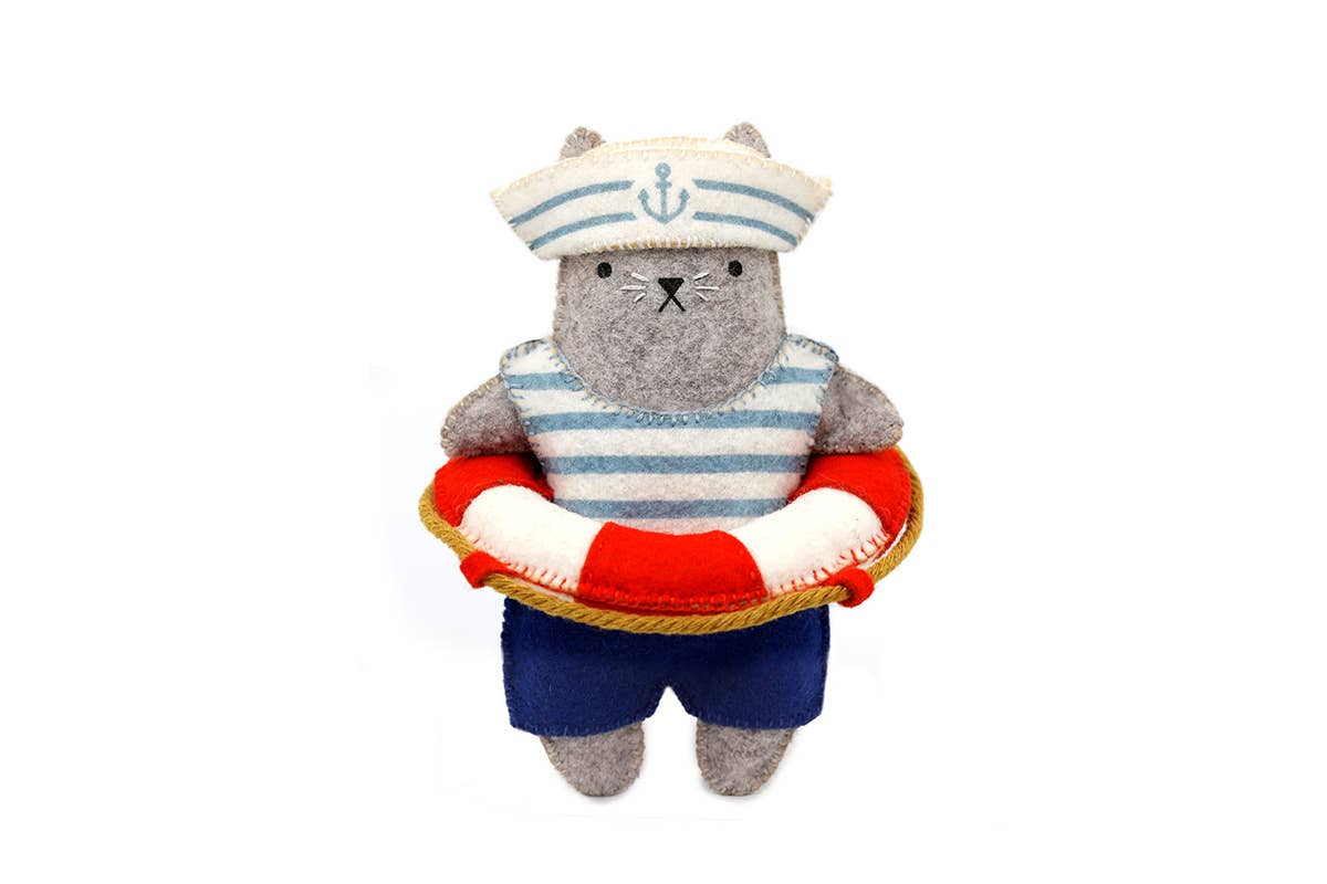 Sailor Cat felt doll kit by Kiriki Press, a grey cat in a striped shirt and anchor cap with a life ring