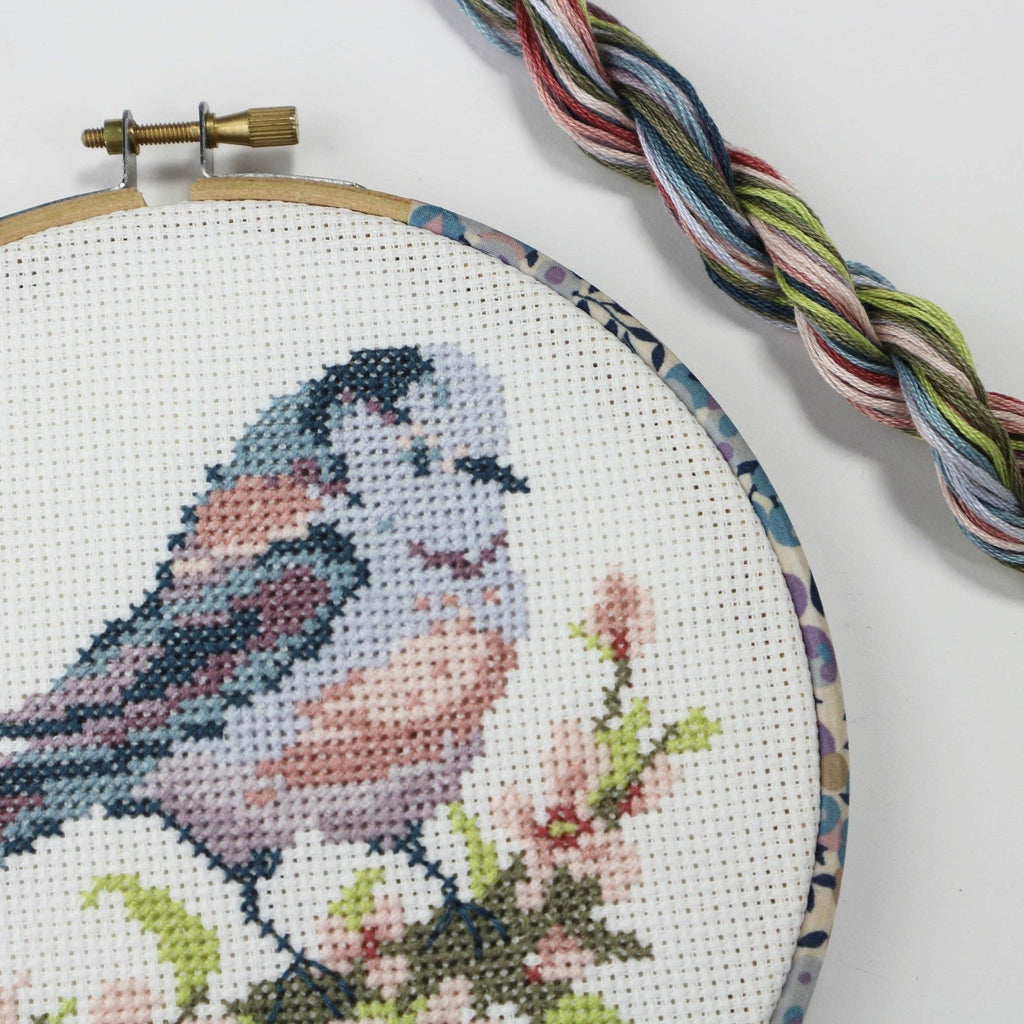 Detail of the Long-tailed Tit cross stitch on white 14 count aida