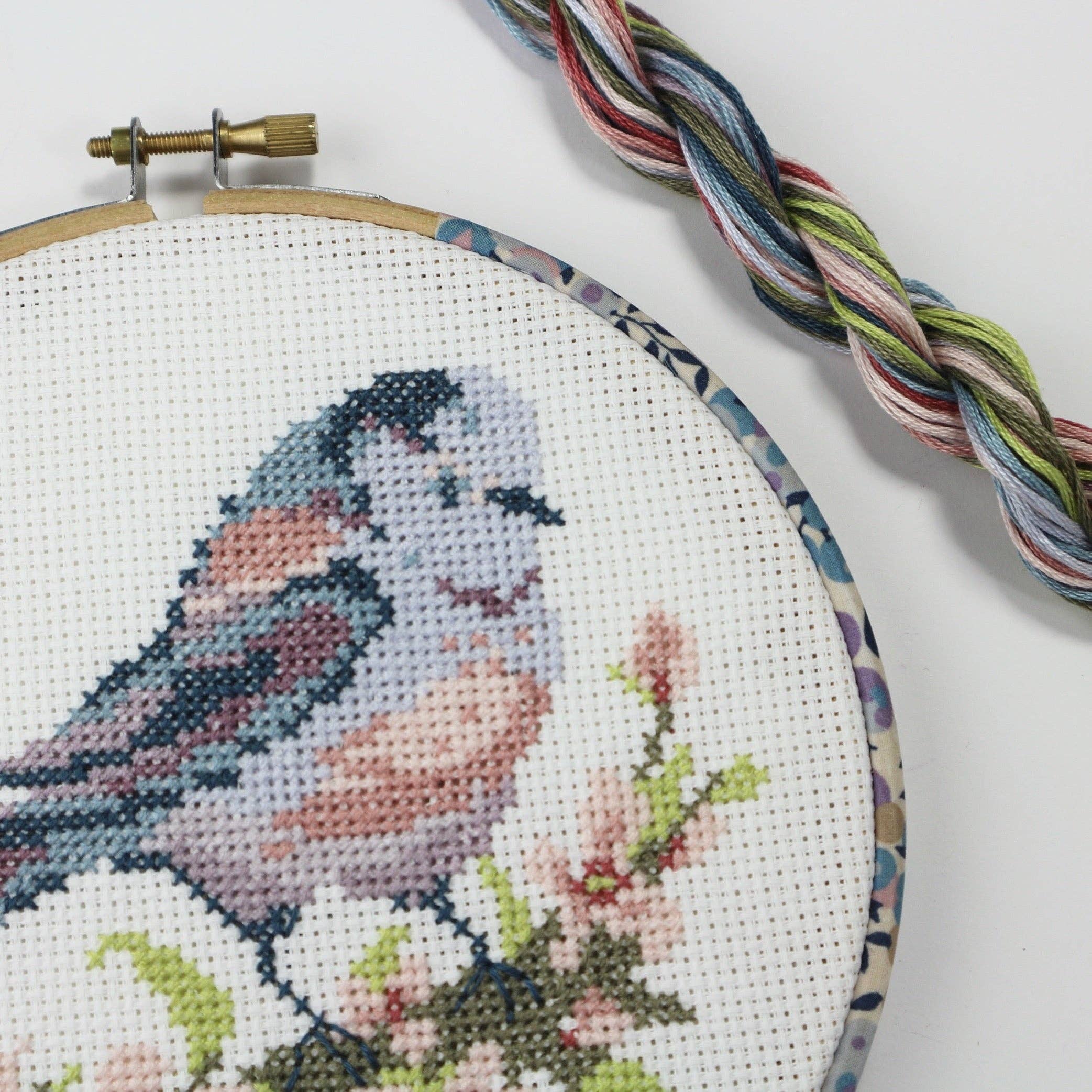Detail of the Long-tailed Tit cross stitch on white 14 count aida