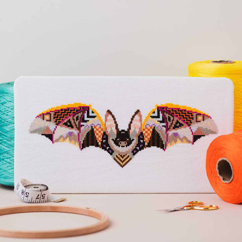 Mandala Bat counted cross stitch kit by Meloca Designs, an abstract mandala bat design