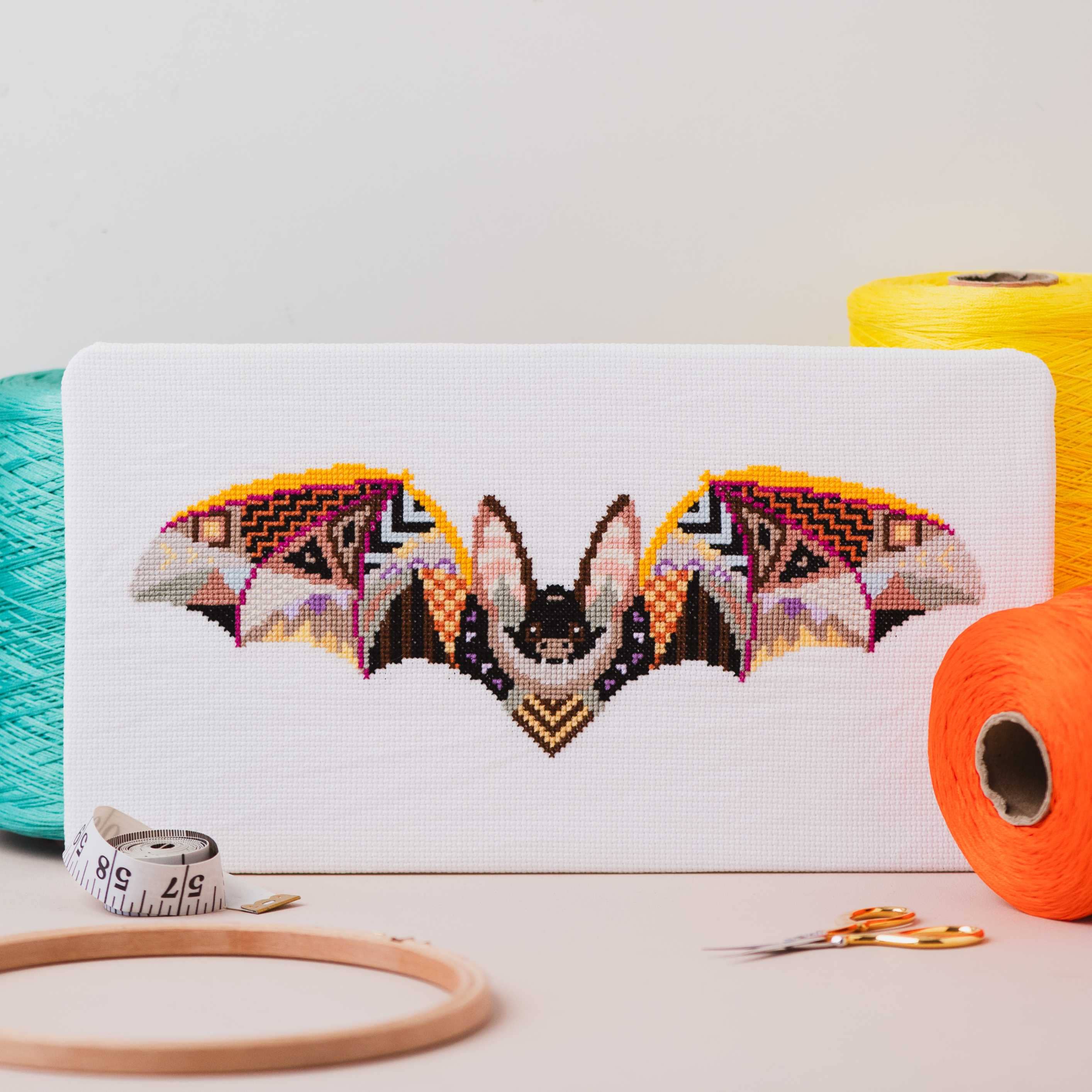 Mandala Bat counted cross stitch kit by Meloca Designs, an abstract mandala bat design