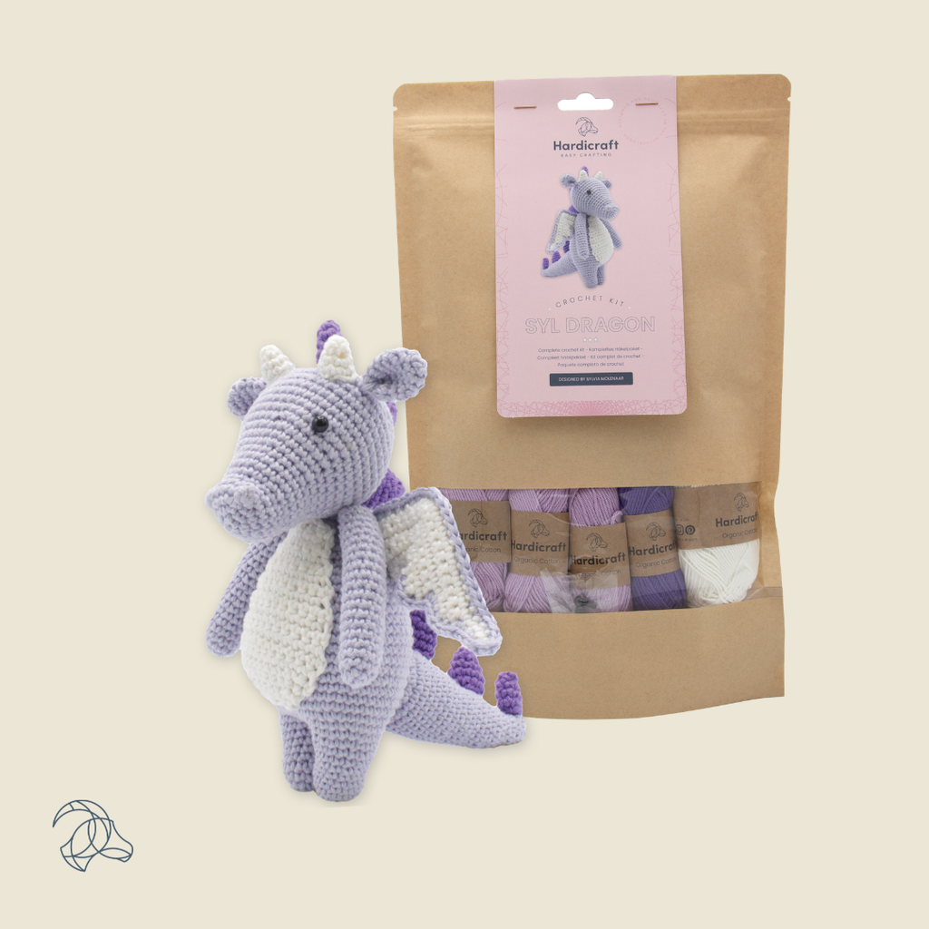 Finished Syl dragon amigurumi in lilac, white and purple organic cotton, 18 cm tall