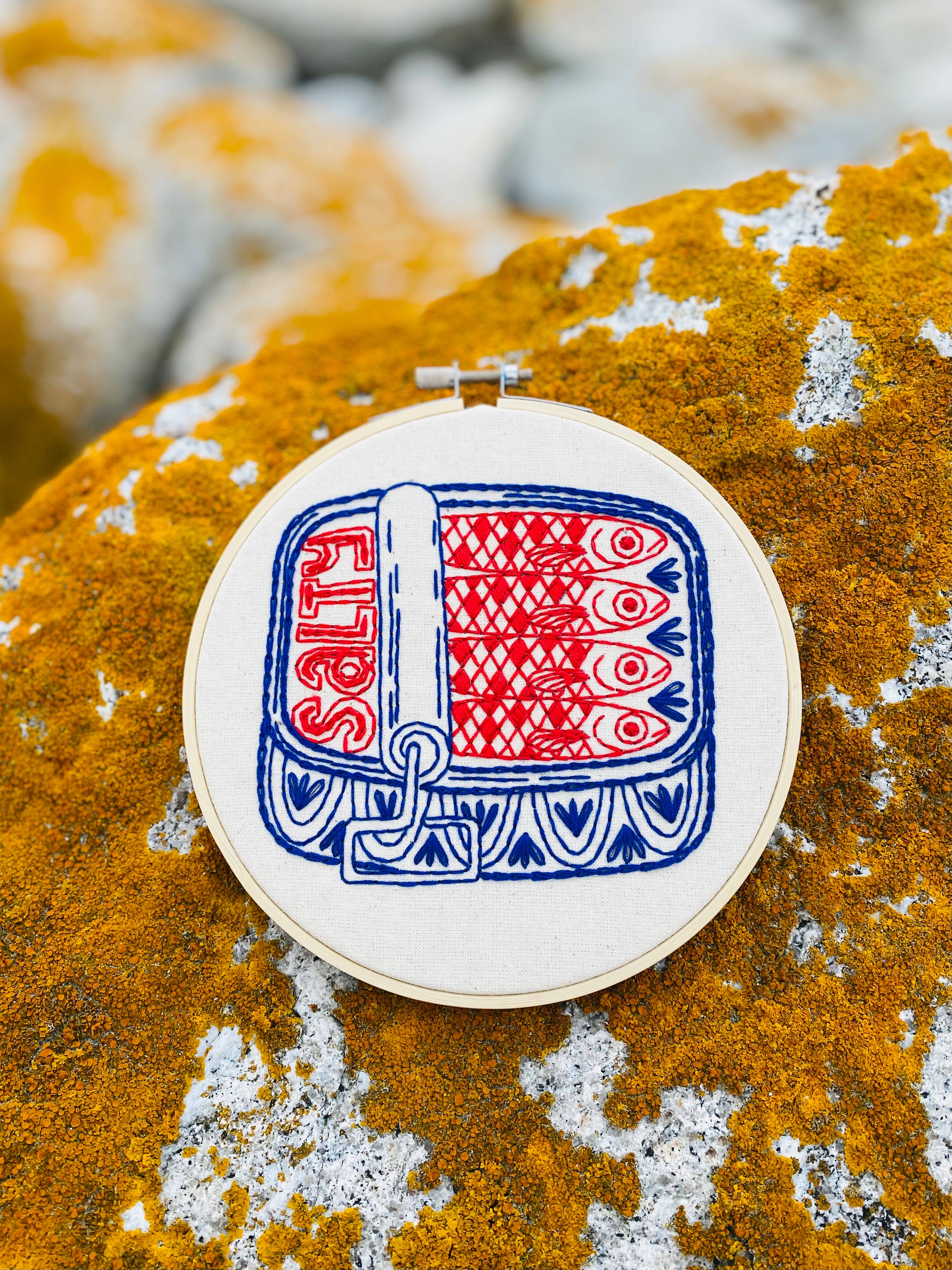Finished Sardines embroidery in a 6 inch hoop