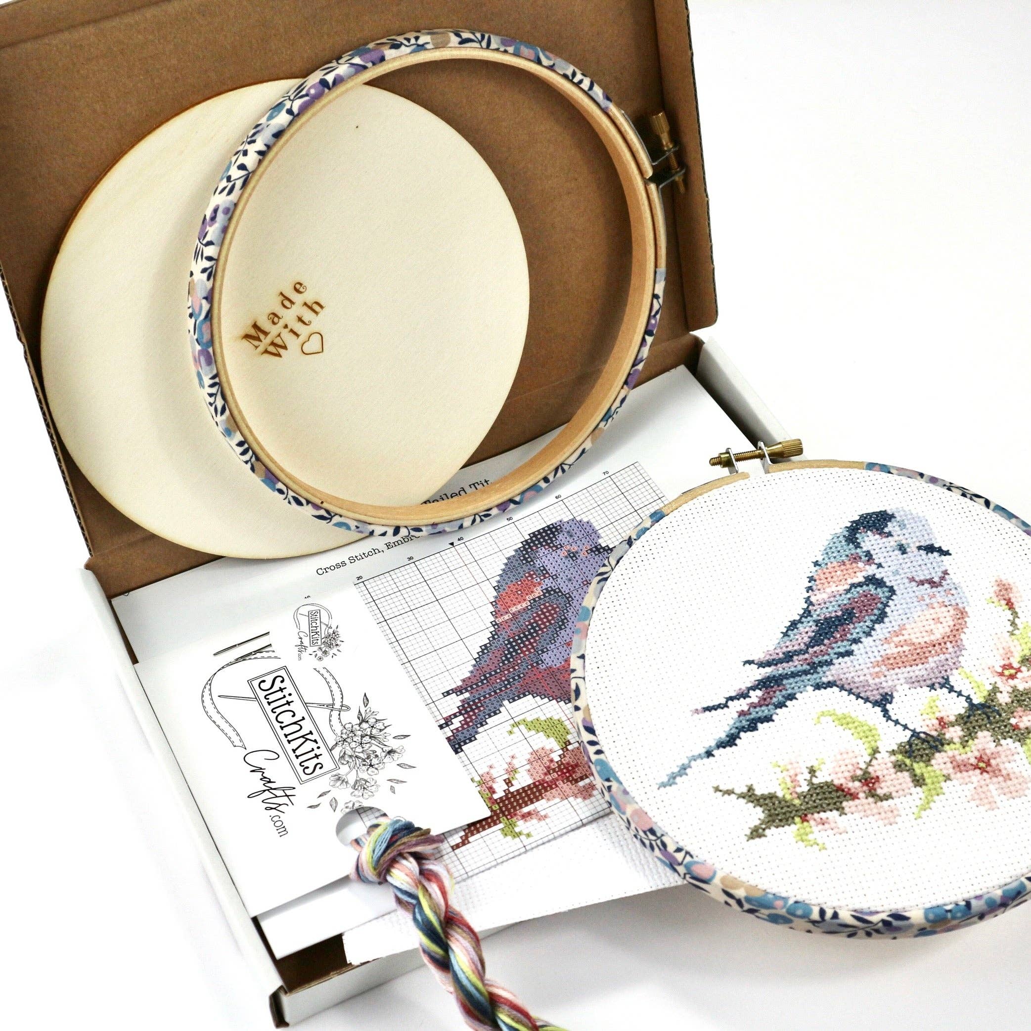Long-tailed Tit cross stitch kit from Stitchkits Crafts, stitched design 13 by 11 cm