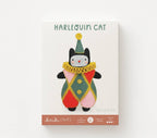 Harlequin Cat felt doll kit in its screen printed Kiriki Press packaging