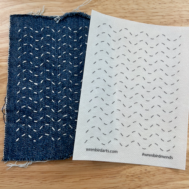 Stick the transfer over the hole, stitch the pattern, rinse the paper away