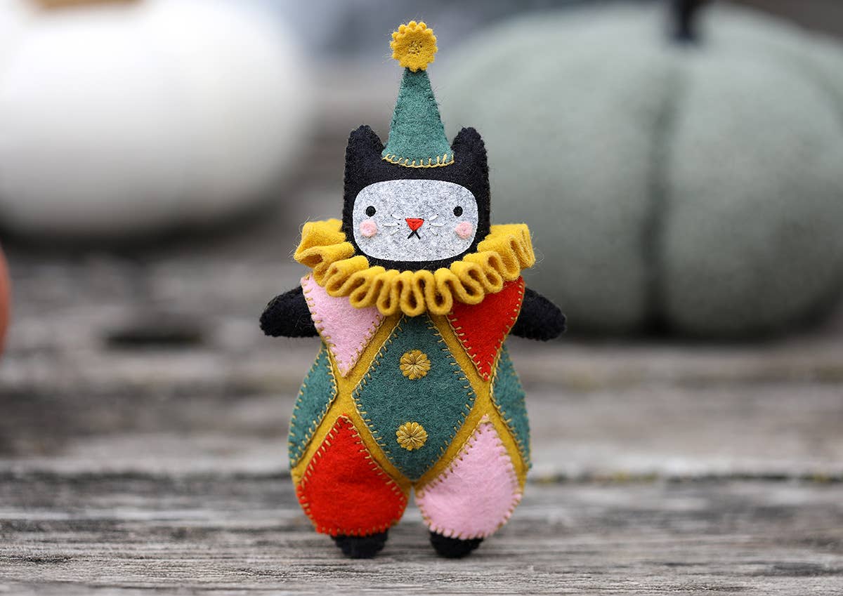 The finished harlequin cat with its pompom hat and ruffled collar, styled with pumpkins