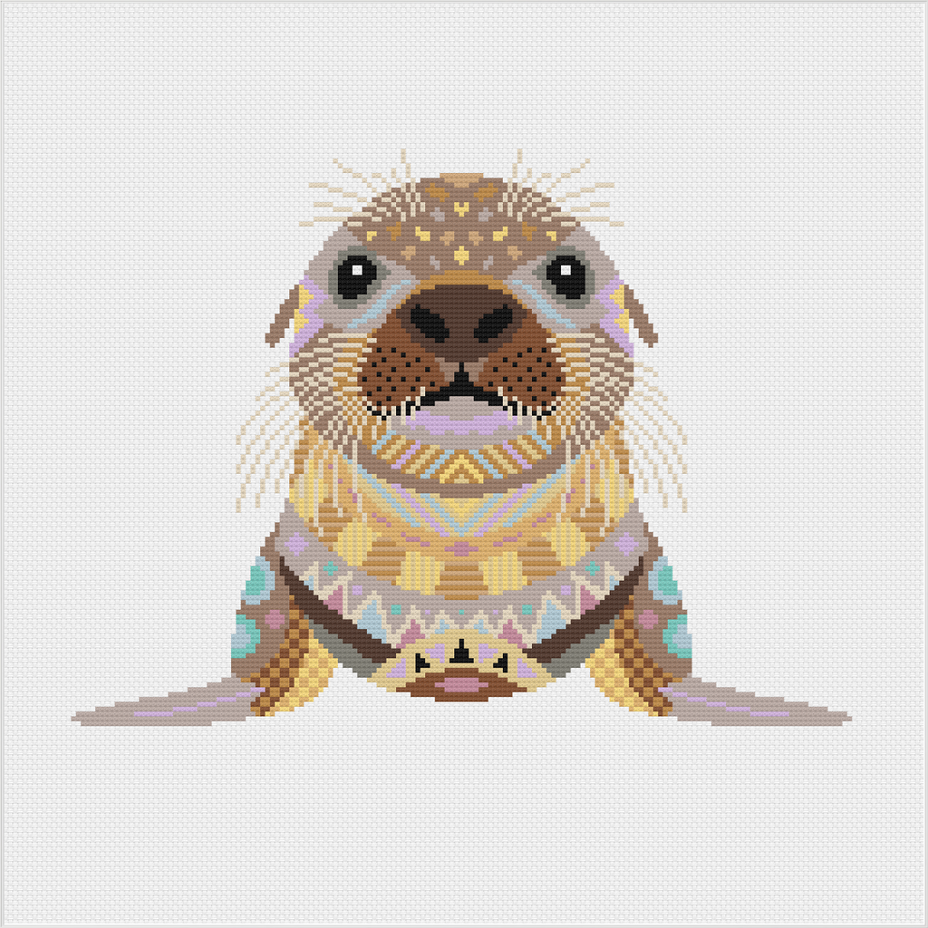 Mandala Sea Lion counted cross stitch kit by Meloca Designs in bold coastal color