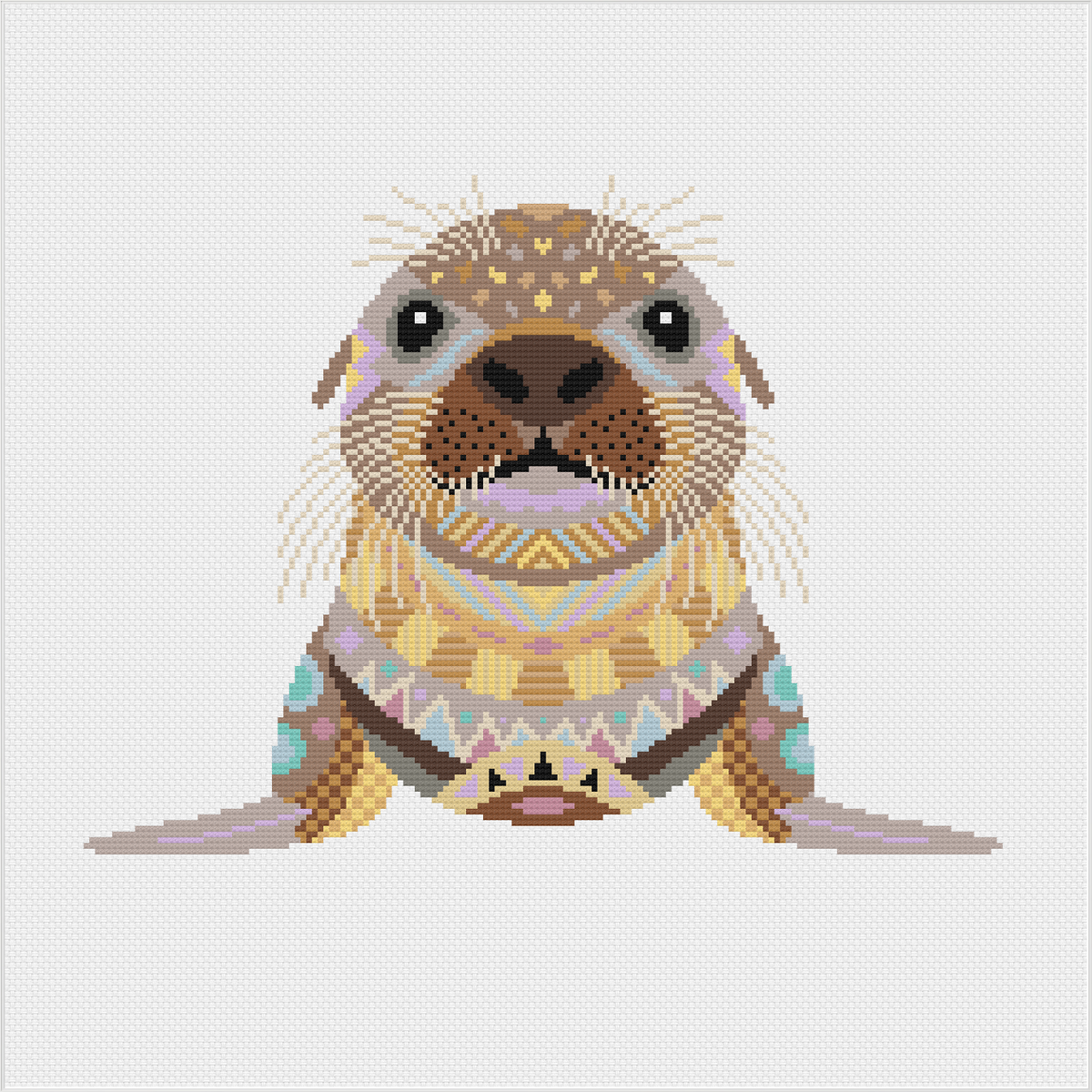 Mandala Sea Lion counted cross stitch kit by Meloca Designs in bold coastal color