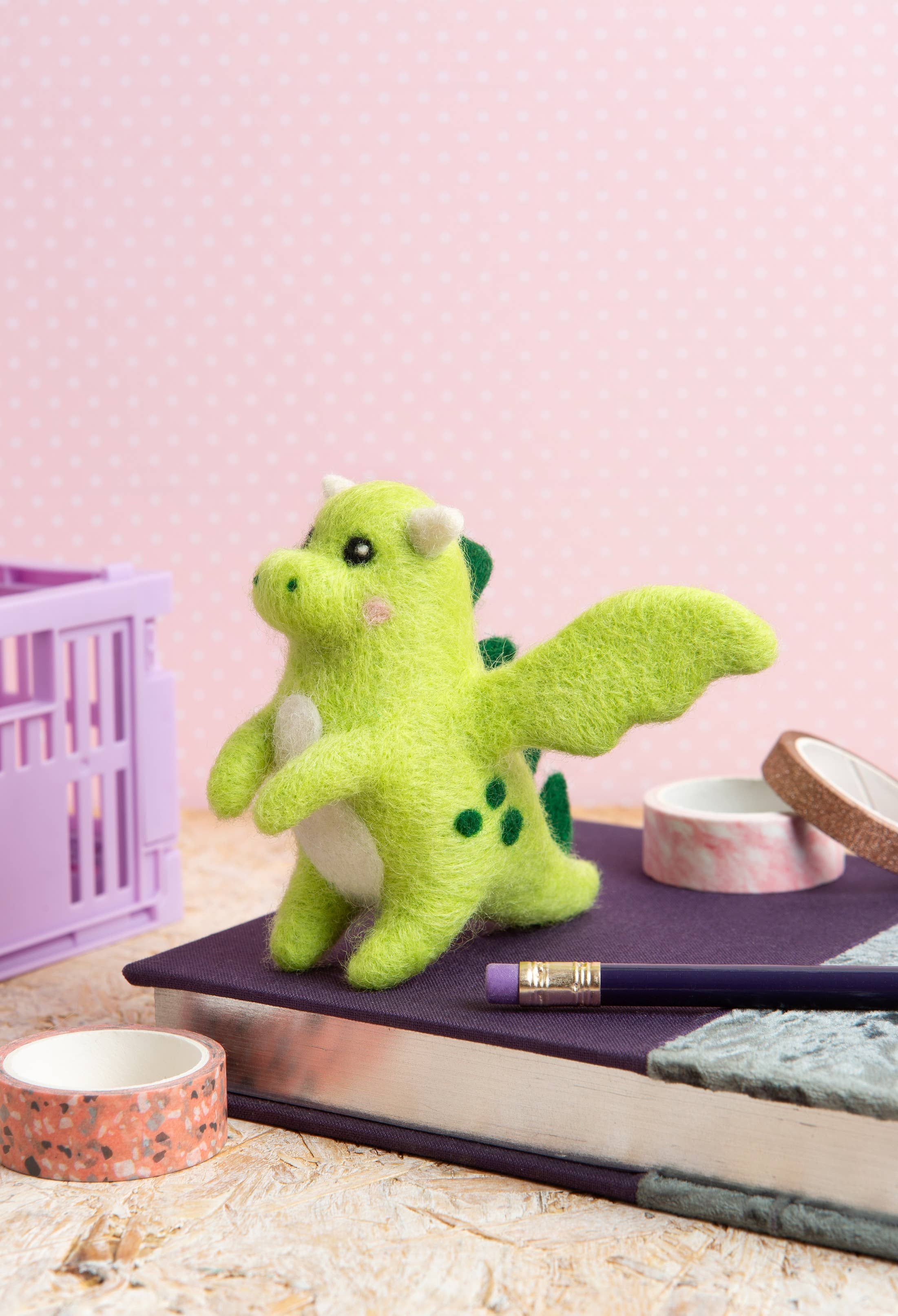 Baby Dragon Mini Needle Felting Kit contents including felting needles and case