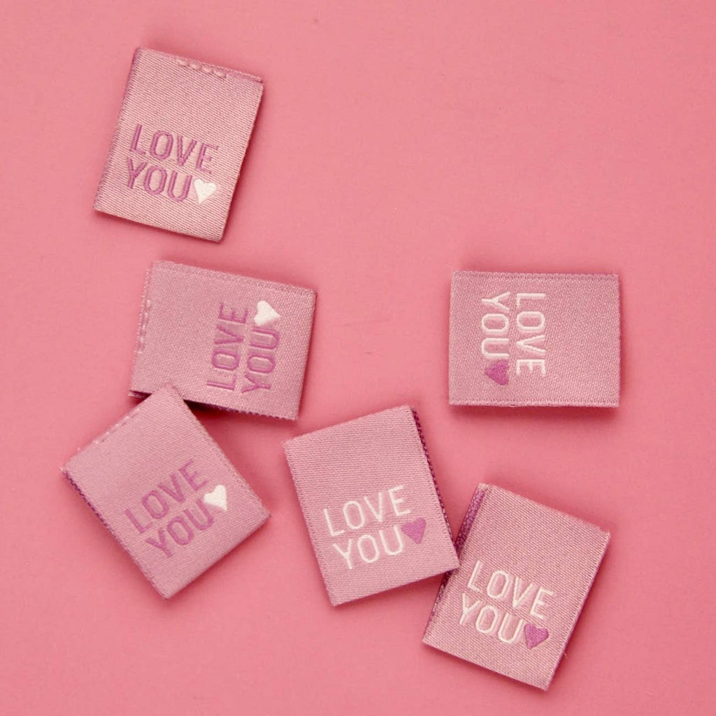 Love You woven sew-in label, reversible in white and pink