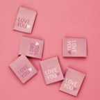 Love You woven sew-in label, reversible in white and pink