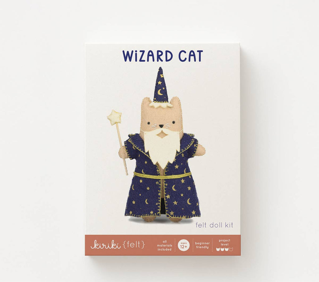 Wizard Cat felt doll kit in its screen printed Kiriki Press packaging