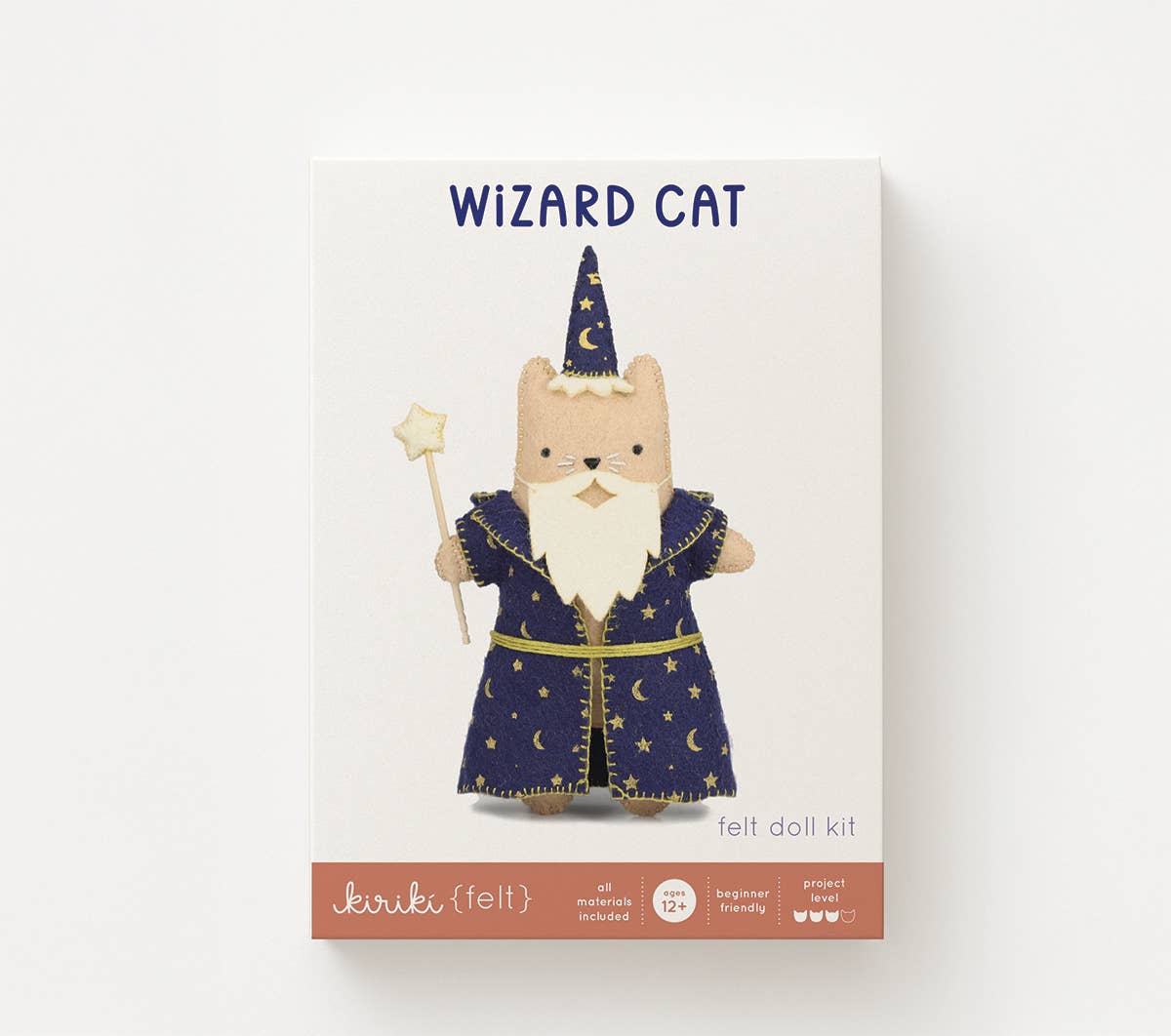 Wizard Cat felt doll kit in its screen printed Kiriki Press packaging