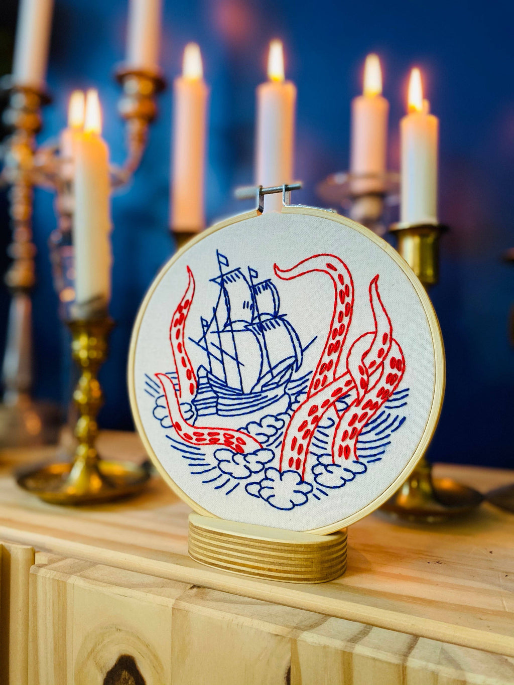 Kraken and Ship embroidery kit floss and needle