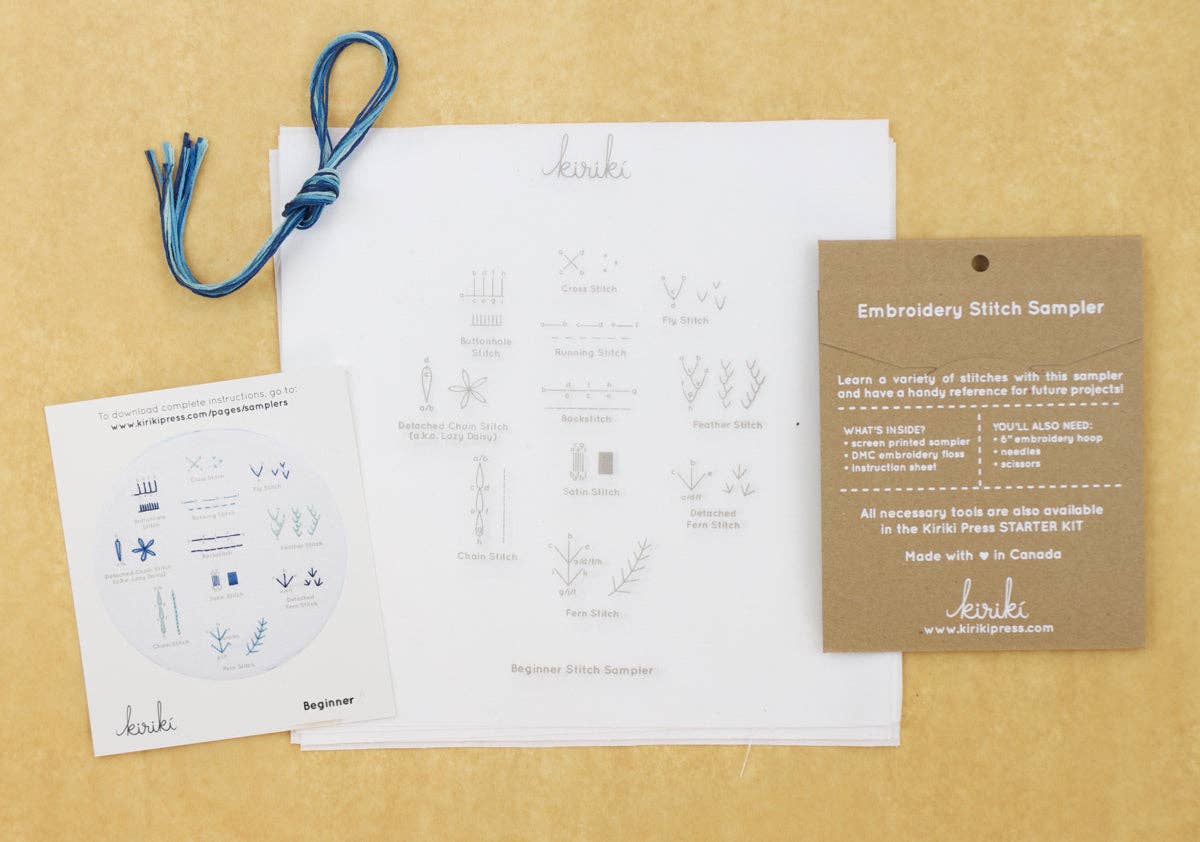 Beginner embroidery stitch sampler by Kiriki Press, sized to frame in a 6 inch hoop
