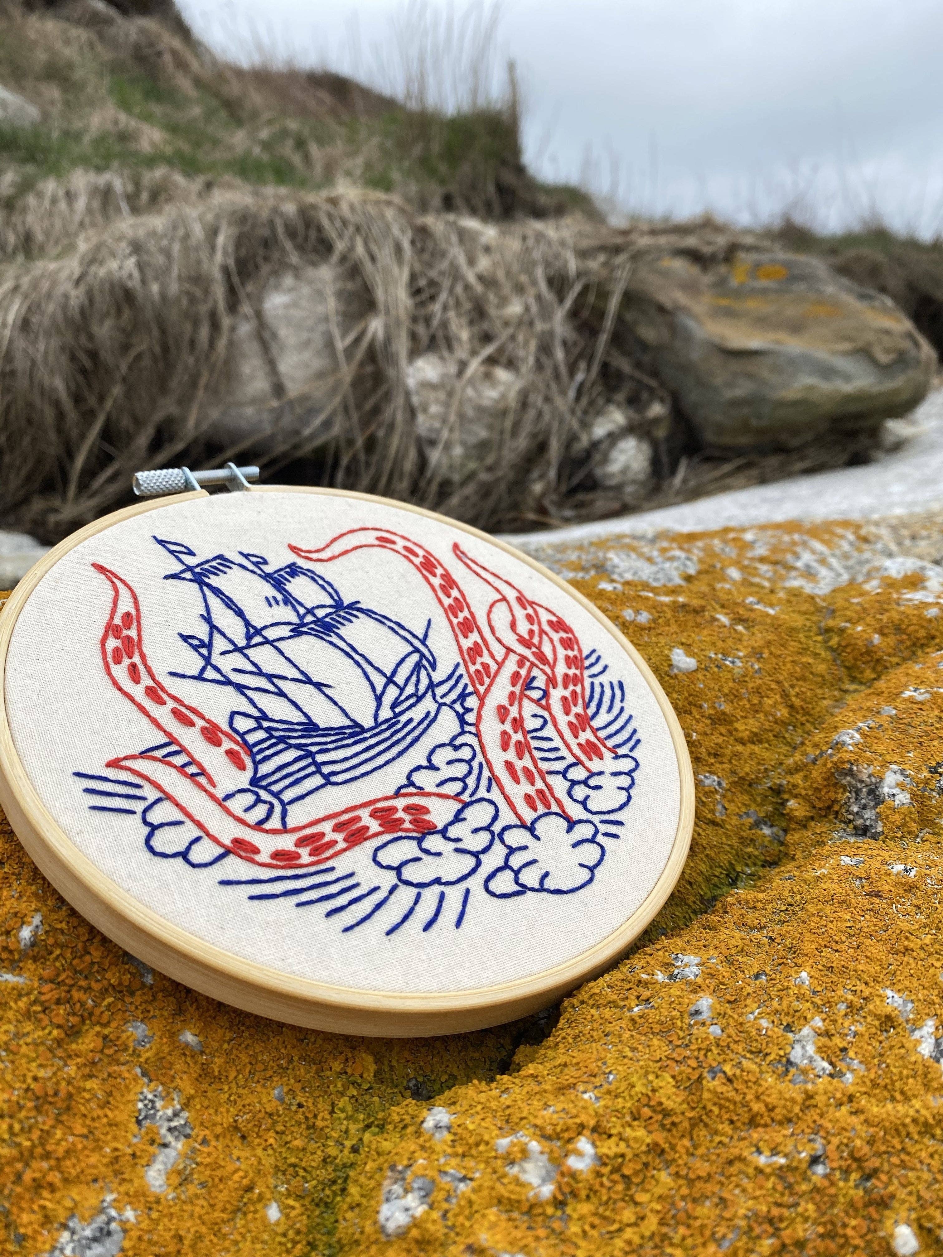 Kraken and Ship embroidery detail
