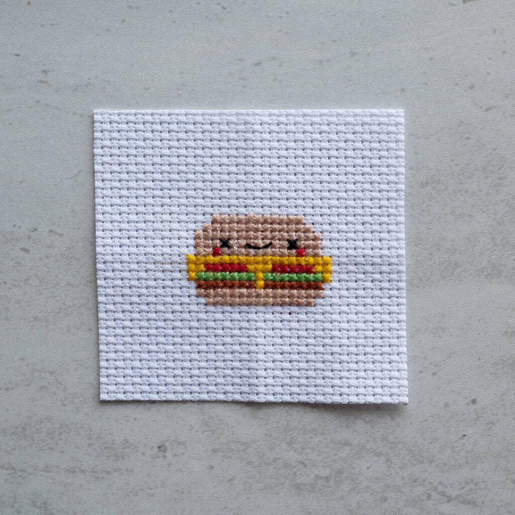 Kawaii Burger cross stitch kit matchbox packaging