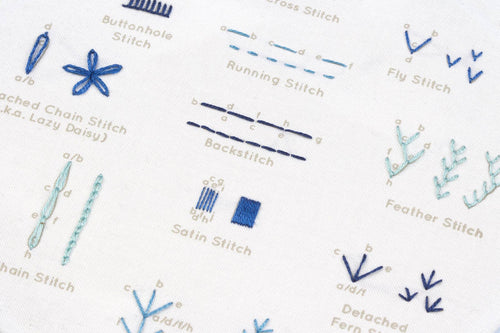 The Beginner sampler design, 8.5 inches square, with each stitch labelled by letter on the fabric