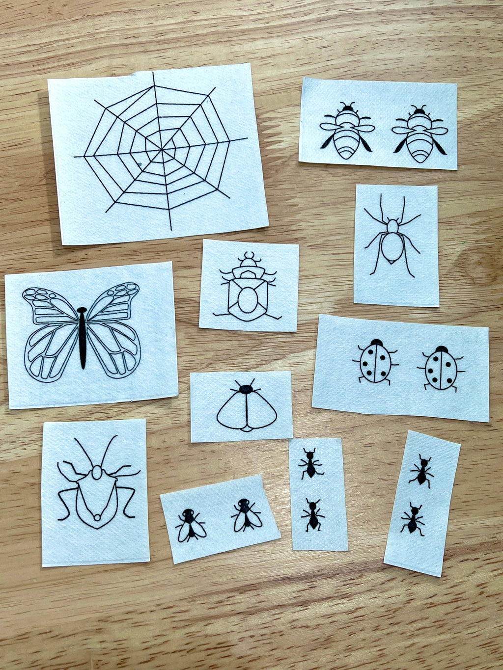 Wash away insect embroidery transfers designed by Wrenbird Arts