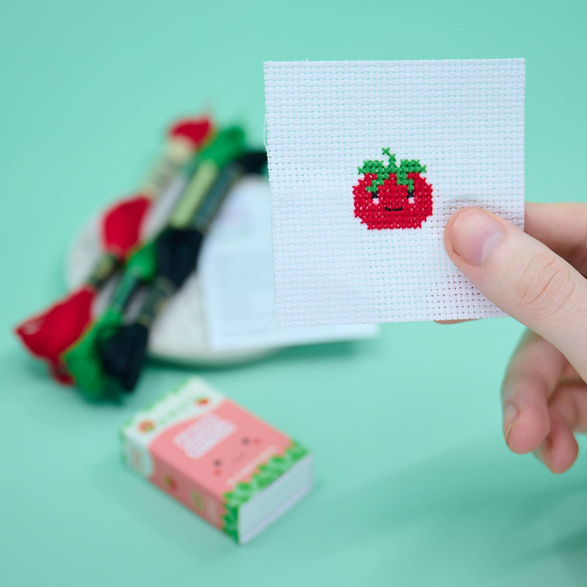 Kawaii tomato cross stitch design on 14 count Aida