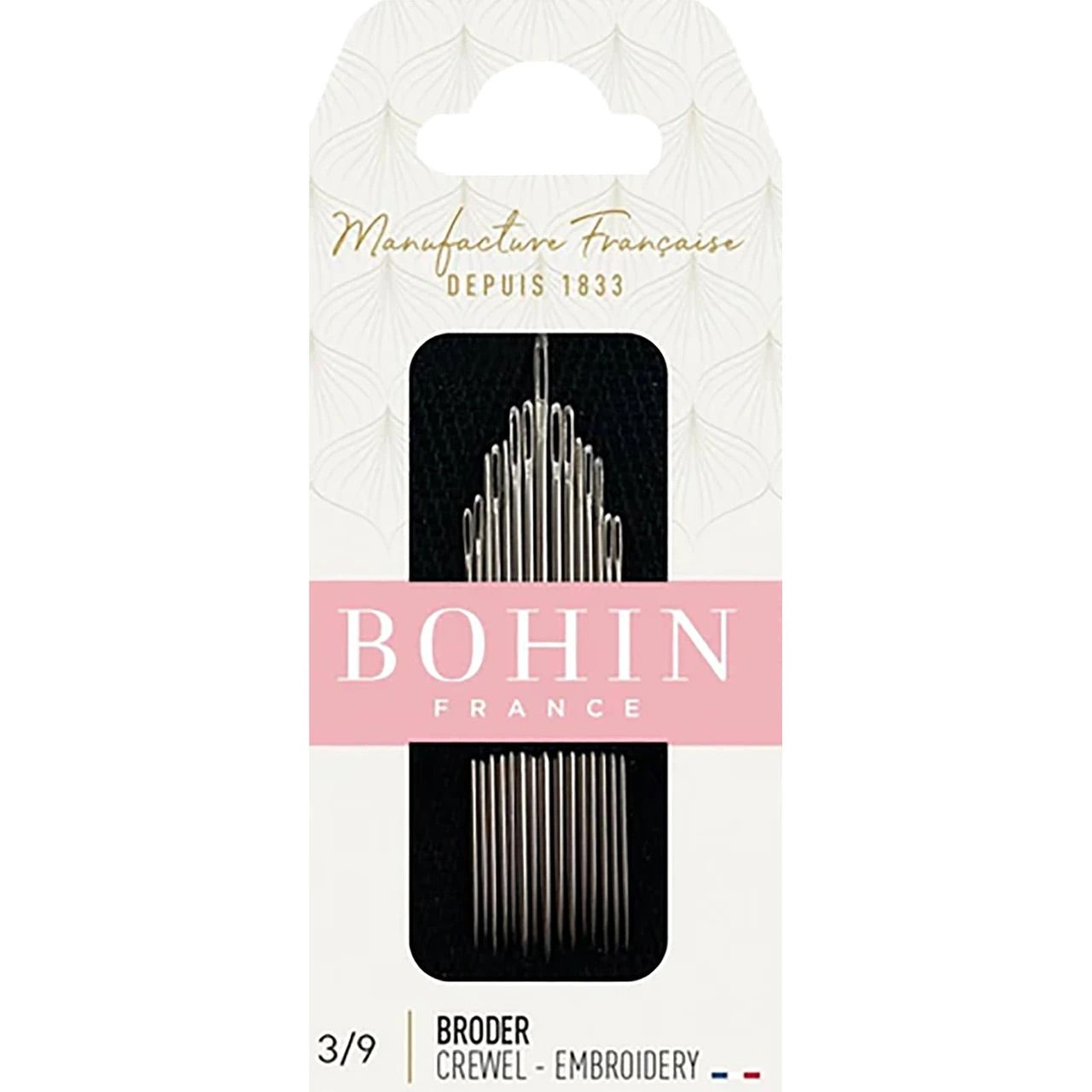 Bohin crewel embroidery needles in assorted sizes 3 to 9, made in France