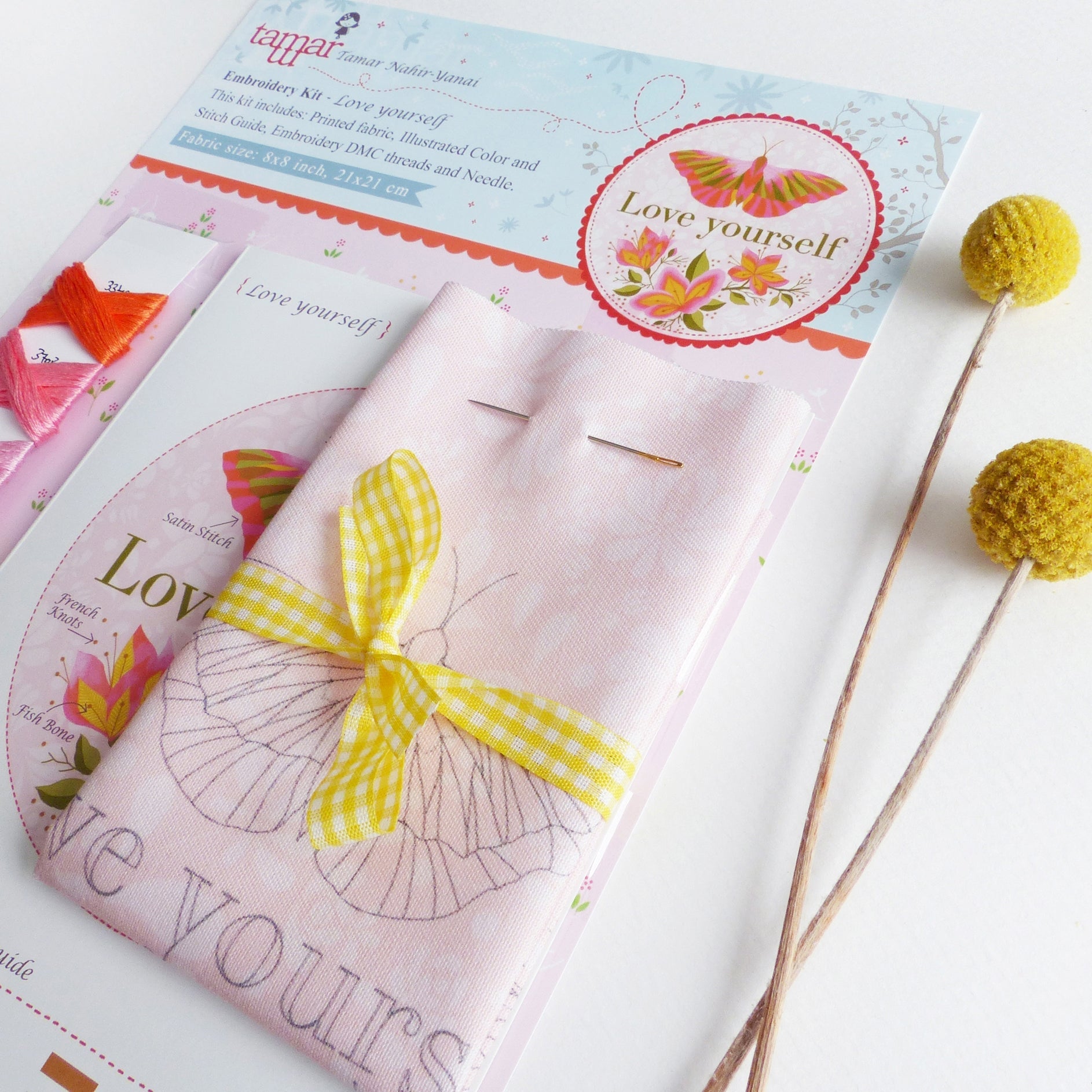 Love yourself embroidery kit packaging by Tamar Nahir-Yanai