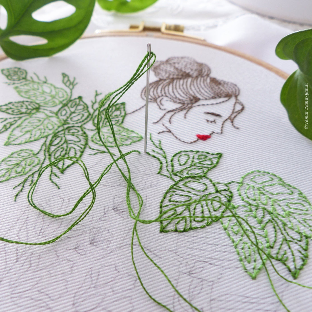 Monstera Monkey Lady embroidery kit by Tamar Nahir-Yanai