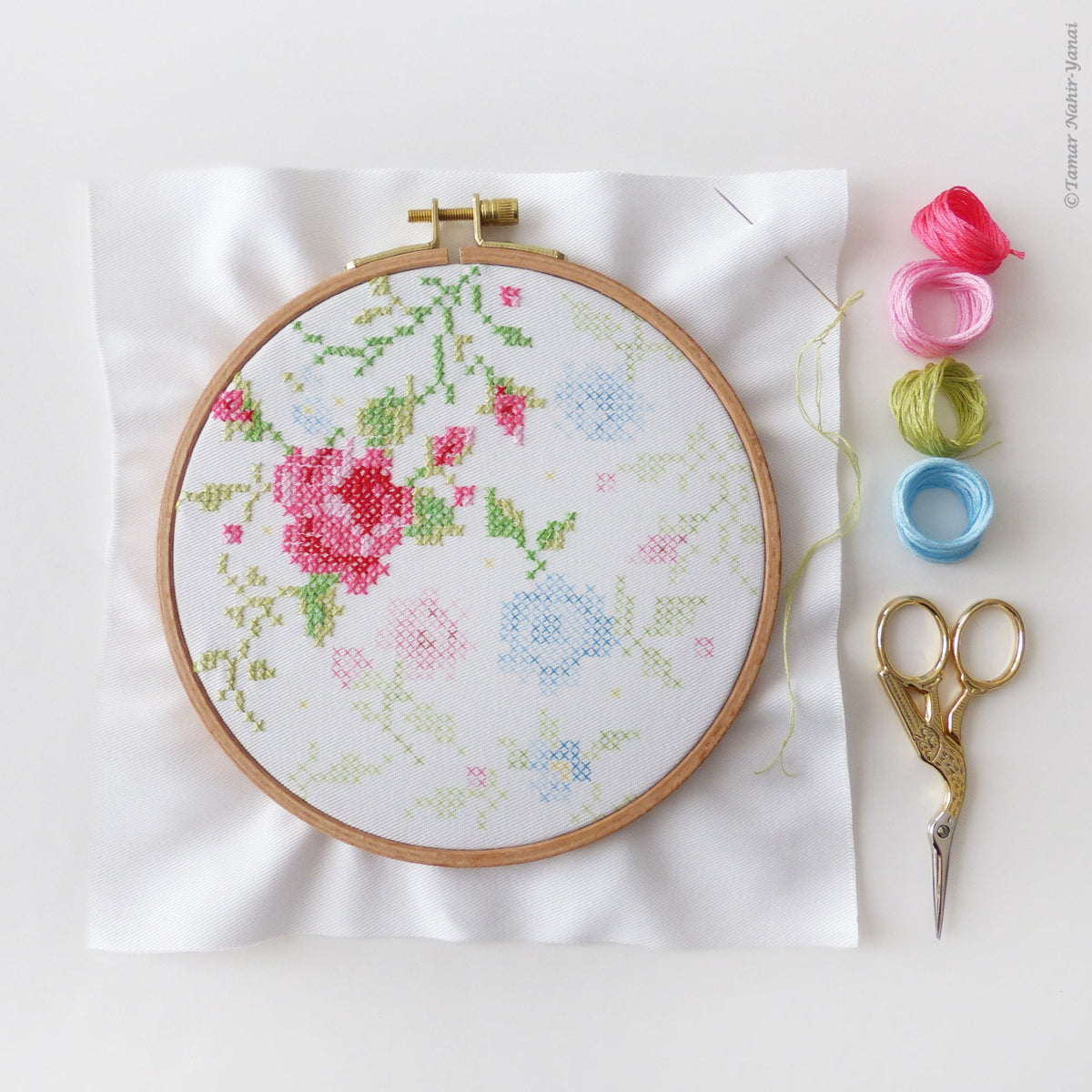 Blue & Pink Roses embroidery kit by Tamar Nahir-Yanai