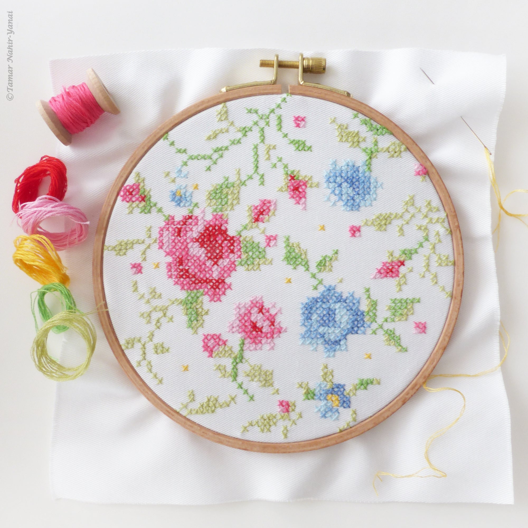 Blue & Pink Roses embroidery kit by Tamar Nahir-Yanai