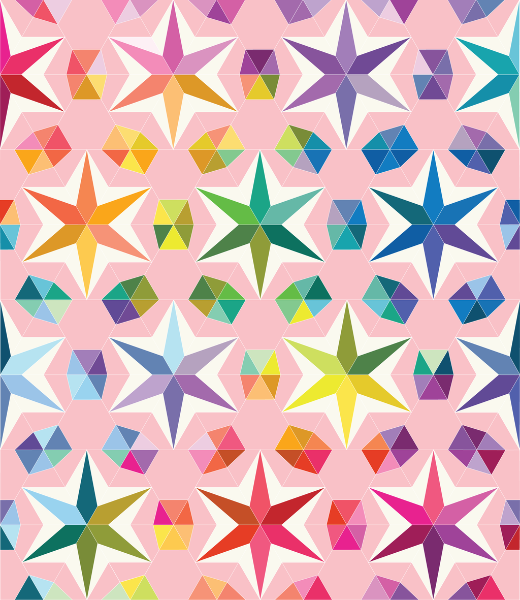 Stellara quilt pattern pink colorway, Kona Cotton fabric layout