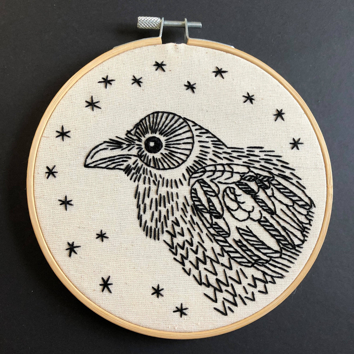 Raven Nevermore embroidery kit contents including hoop, floss and needle